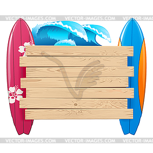 Концепция серфинга с деревянной доской - клипарт в векторном виде