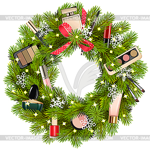 Christmas Fluffy Fir Wreath with Cosmetics - vector clipart