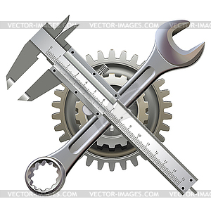 Gearwheel with Wrench and Calipers - vector image