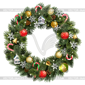 Christmas Pine Fluffy Wreath with Christmas - vector image