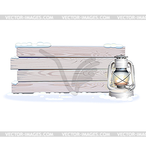 Winter Wooden Planks with Kerosene Lamp - vector clip art