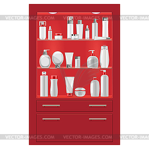 Red Rack with Cosmetics - vector clip art