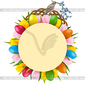 Easter Tulips Round Frame with Birdie - vector image