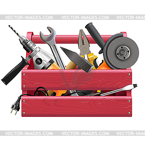 Red Wooden Toolbox with Tools - vector image