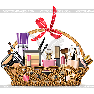 Gift Concept with Cosmetics and Basket - vector clip art