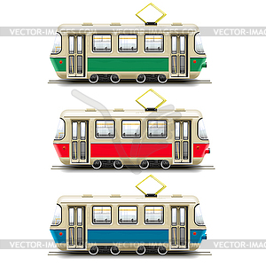Маленький трамвайчик синего, красного и зеленого цветов - векторное изображение