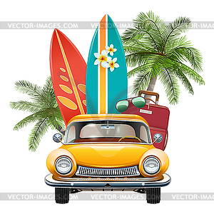 Концепция путешествия по серфингу с желтым автомобилем - клипарт в векторе / векторное изображение
