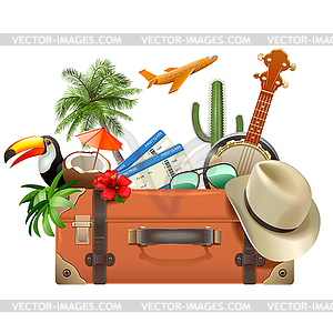 Концепция тропического туризма с ретро-багажом - цветной векторный клипарт
