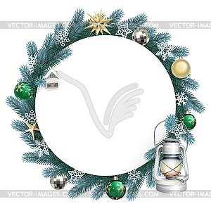 Christmas Blank Round with Blue Fir Branches - vector image