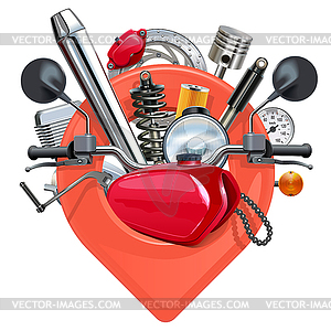 Motorcycle Parts with Red Map Pointer - vector clipart