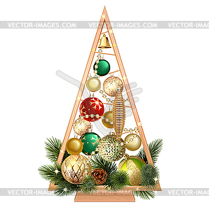 Wooden Christmas Tree with Decorations - vector image