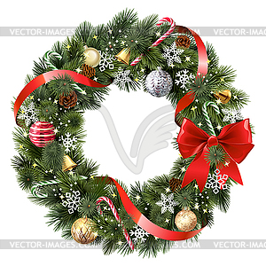 Christmas Pine Fluffy Wreath with Silk Red Bow - vector EPS clipart