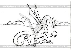 Outline drawing of a winged  dragon - vector image