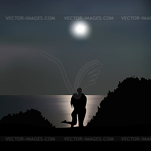 Loving couple on seashore at night - color vector clipart