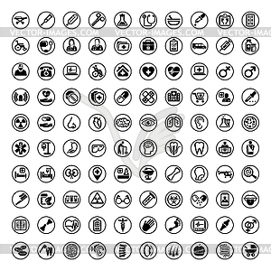 Medical 100 icon collection related to service - royalty-free vector clipart