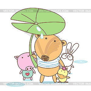 Animal friends with leaf umbrella - vector clipart