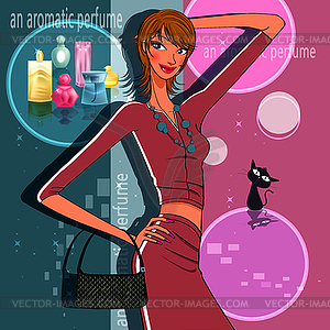 Perfume and wonderful girl posing - vector clipart