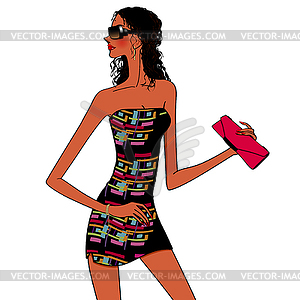 Fashionable woman with pink clutch bag - vector image