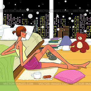 I live alone, young woman holding remote control - vector clipart / vector image