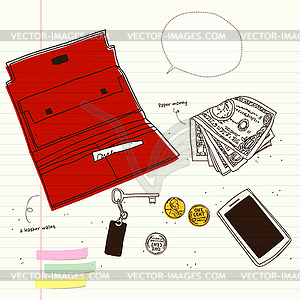 Red purses and paper money, coins - vector clipart
