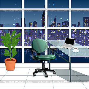 In work office at night with city view of window - vector clip art