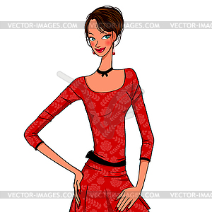 Beautiful young woman in red dress - vector clip art