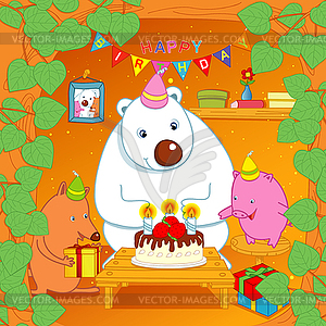 Bear and fox and pig is birthday party - vector clip art