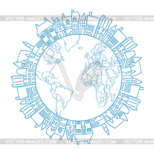 Earth round frame with doodle village - vector EPS clipart