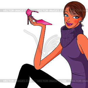 Purple sweater women`s hand holding pink high heels - vector image