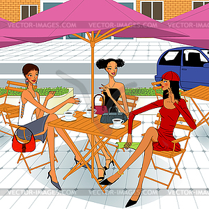 Womens brunch, three beautiful women sitting in - vector image