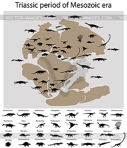 Dinosaurs of triassic period on map - vector clipart