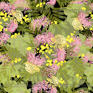 Цветочные цветы хризантемы и мимозы в стиле ретро - векторный клипарт