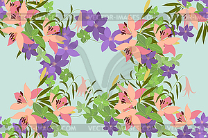 Greeting card pink lily and violet arabis flower - vector clip art