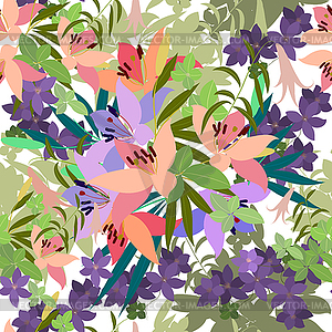 Greeting card pink lily and violet arabis flower - vector image