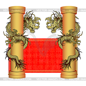 Gold dragon on pole on background of oriental scrol - vector clipart