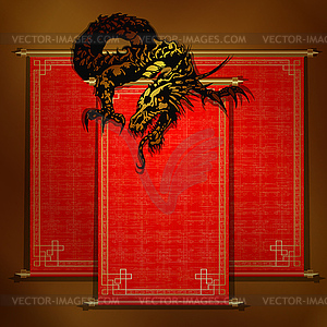 Chinese dragon on red scroll - vector image