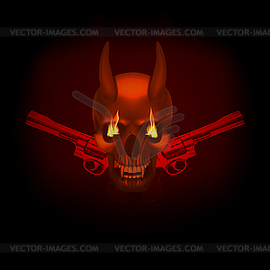 Skull vampire with fangs flames and revolvers - vector image