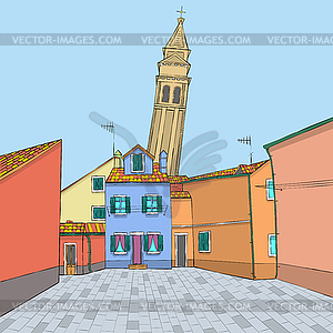  Multi-colored houses and bell tower - vector image