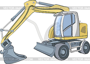  Yellow wheeled excavator with bucket and blade - vector image