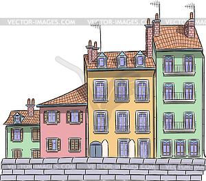 Traditional old houses in historical part of - color vector clipart