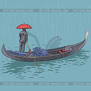 Venetian gondolier in gondola in rain - vector clipart
