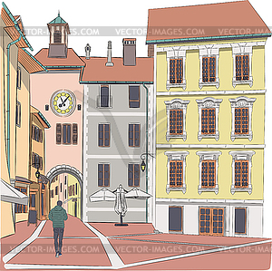 Old medieval street in french city Annecy - vector clip art