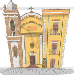 Old Italian yellow Catholic church in - vector clipart