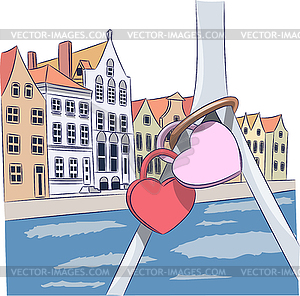 Multicolored old houses in historic part of Bruges - vector image