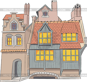 Traditional stone medieval houses in city Bruges - vector clipart