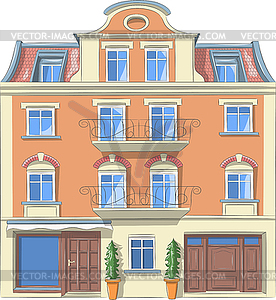 Traditional orange stone house with display case - vector image