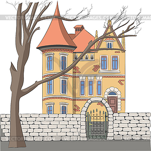 Old yellow house castle with tower - vector image