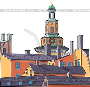 Stockholm. clock tower of church of Mary Magdalene - royalty-free vector image