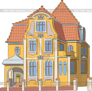 Beautiful Polish yellow brick house with tiled roof - vector clipart