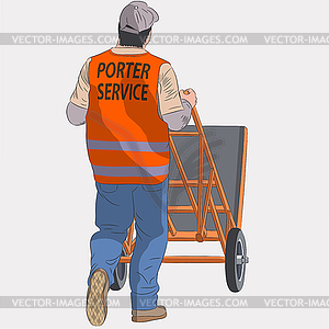 Male loader in red vest with trolley - vector image